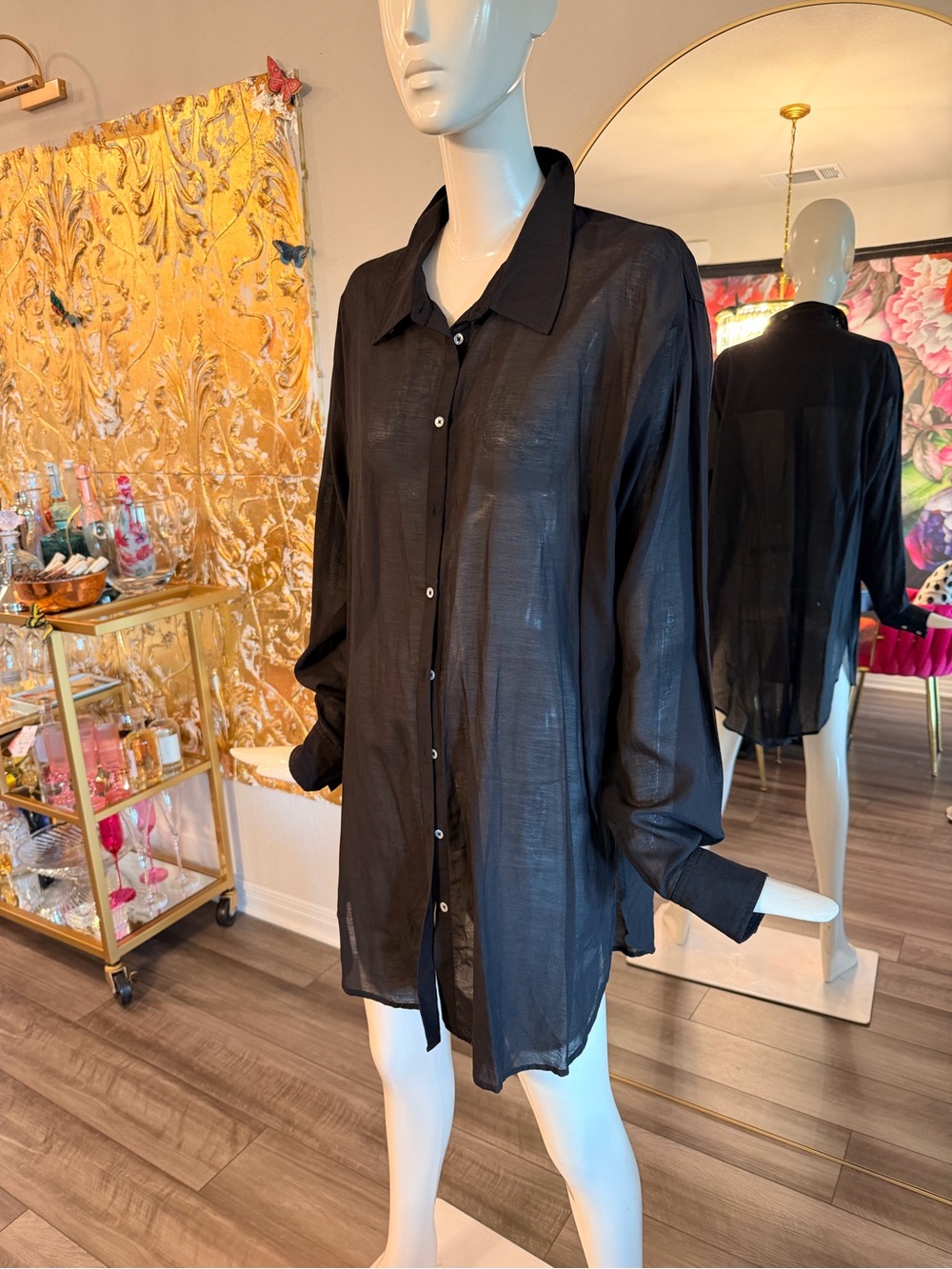 Boden Black Sheer Button-Front Shirt Jacket